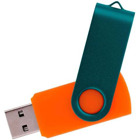 Оранжевая с зеленым флешка 32 гб, металл и пластик soft-touch «ТВИСТ-КОЛОР-МИКС»